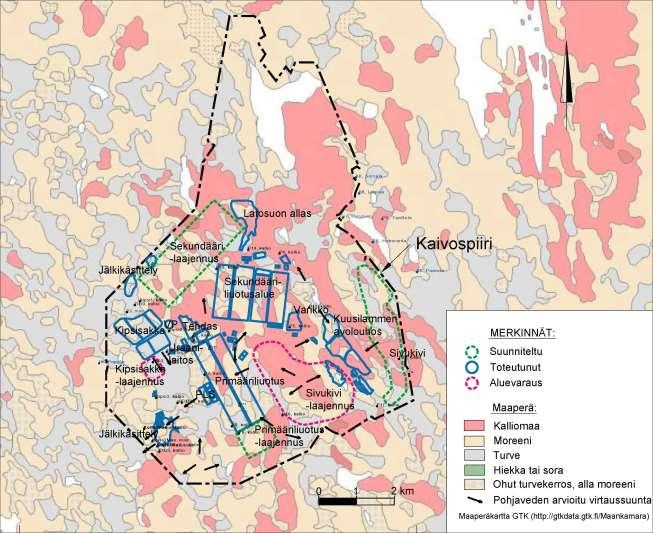 208 Kuva 12-1. Maaperän yleispiirteet kaivosalueella ja sen ympäristössä. Pohjakartta Geologian tutkimuskeskus (http://gtkdata.gtk.fi/maankamara/).