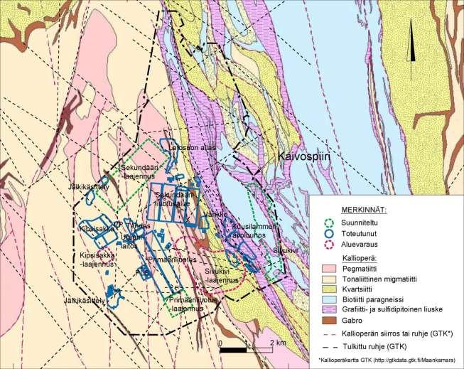 209 Kuva 12-2. Kallioperän yleispiirteet. Pohjakartan päällä on punaisella korosteella kallioperäkartassa (http://gtkdata.gtk.fi/maankamara/) olevat ruhjeet ja mustalla GTK:n myöhemmin tulkitsemat ruhjeet.