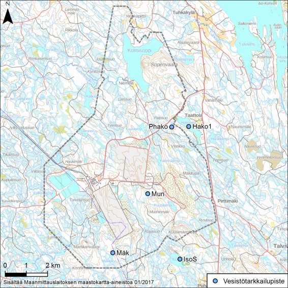 227 Kuva 13-2. Vesistötarkkailun pisteet lähialueen lammissa ja järvissä. Vesistöistä Hakonen sijaitsee mustaliuskealueella ja Pikku-Hakonen ja Munninlampi sen välittömässä läheisyydessä.