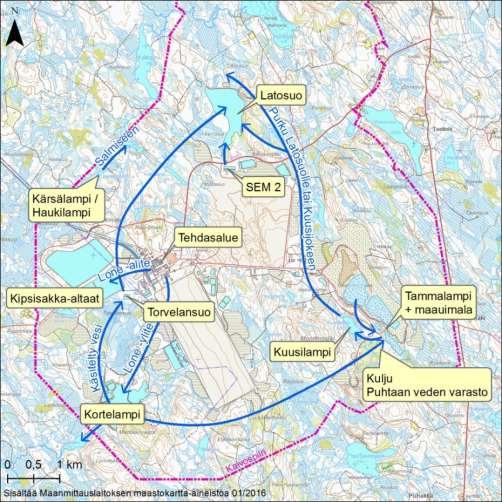 64 Kuva 4-19. Kaivosalueen vesien johtaminen ennen keskuspuhdistamon käyttöönottoa etelään Vuoksen ja pohjoiseen Oulujoen vesistöön.
