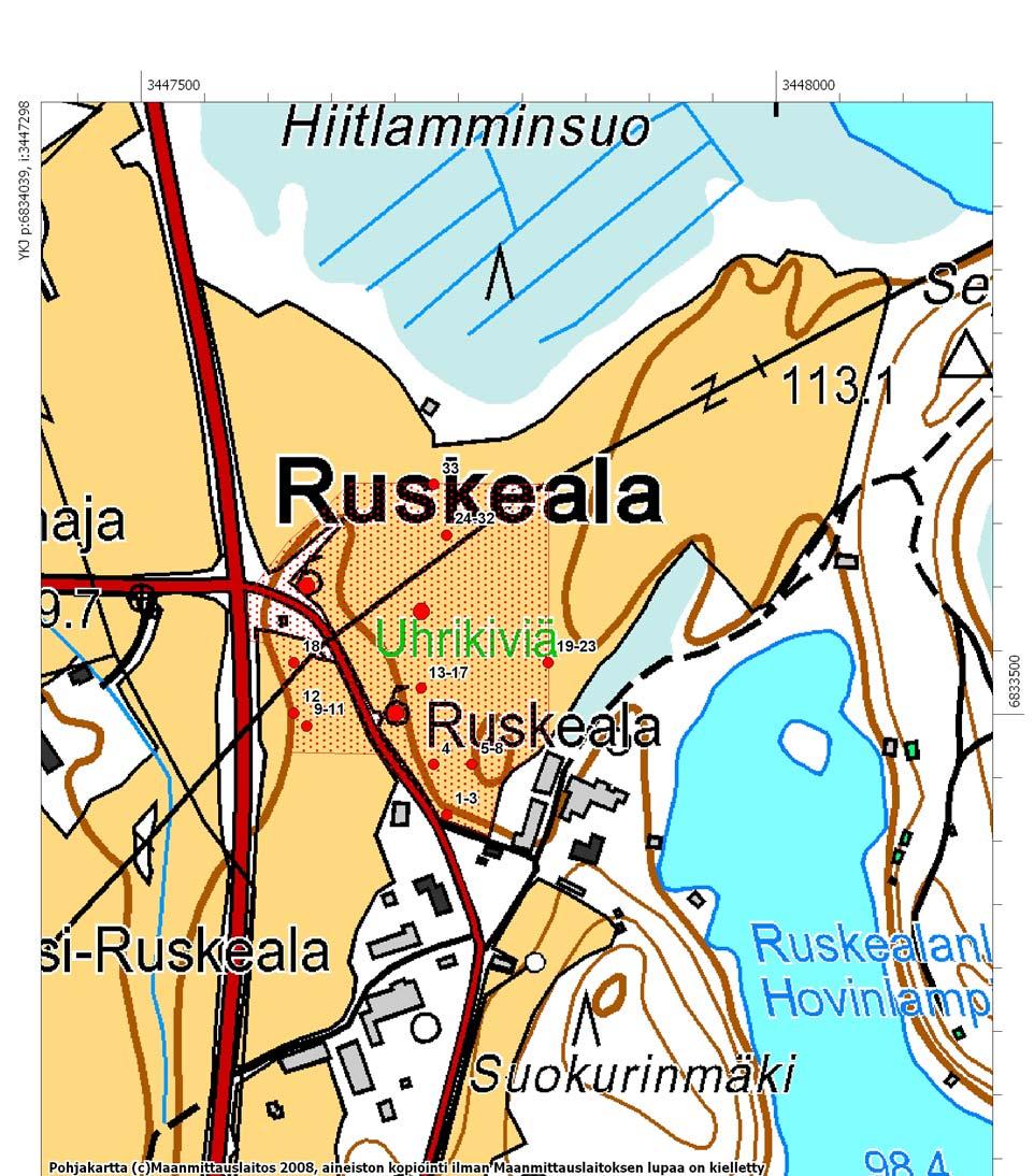 6 Hartola Uusi-Ruskeala c. Muinaisjäännöksen rajaus ennen vuoden 009 tutkimuksia punaisella rasterilla.