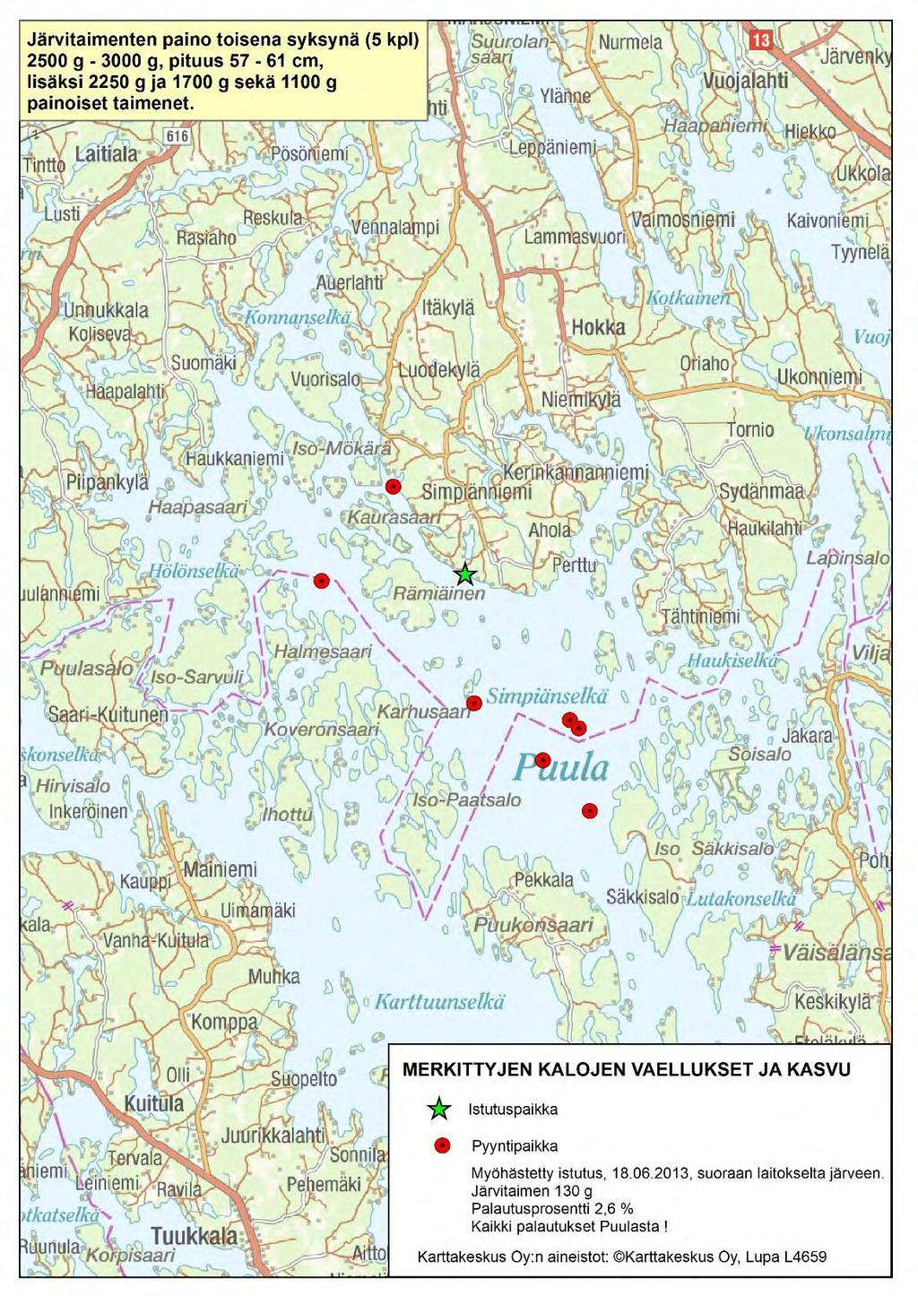 Merkintätutkimuksen tuloksia Puulan viivästetty istutus suoraan kalanviljelylaitokselta järveen 2013 Palautuksia on tullut vain Puulasta PUULAN ISTUTUSKÄYTÄNNÖT 2014 -