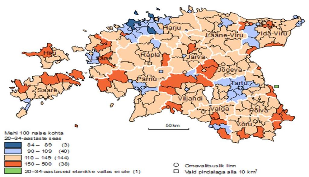Foto 1. Mehi 100 naise kohta 20 34 aastaste seas. Statistikaamet 2012. Kahtlemata on tegemist huvitava keelendina, mis aga ei ole sugusi nii uudne kui esmapilgul näida võib.
