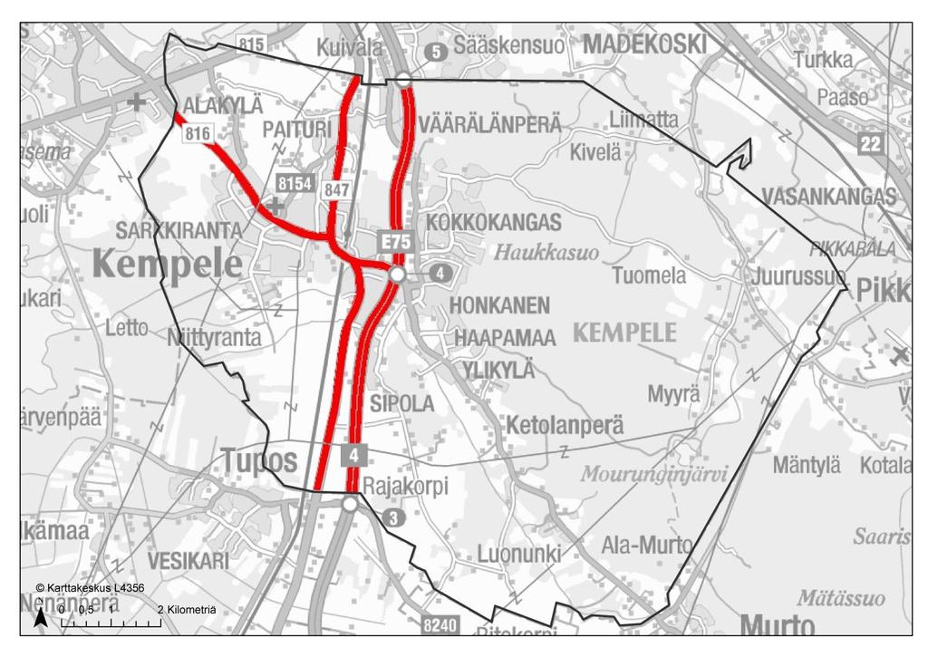 Kuva 10. Kempeleen kunnan alueella sijaitsevat LT-merkintäkelpoiset tiet asemakaava-alueella (Pohjois- Pohjanmaan ELY-keskus).
