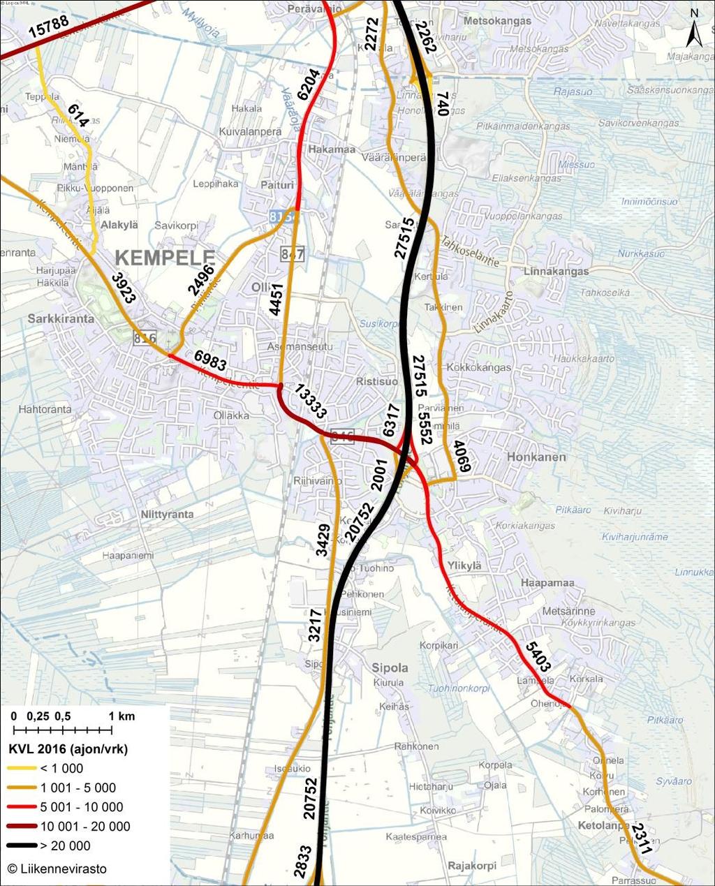 KEMPELEEN TAAJAMAN OSAYLEISKAAVA 2040 Liikenteen nykytila Tie- ja katuverkko Kempeleen tärkein liikenneväylä on kunnan pohjois-eteläsuunnassa halkaiseva valtatie 4, joka kulkee moottoritienä kunnan