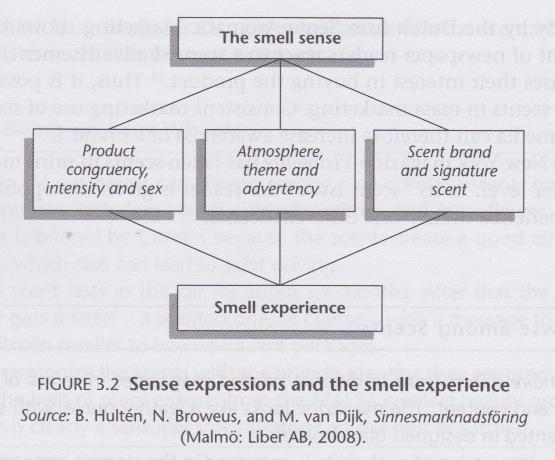 29 Kuva 10. Hajuaistimuksen eri ilmentymät [5, s. 48]. Yksi tuoksumarkkinoinnin tärkeimmistä asioista on tuotteen ja siihen liitetyn tuoksun välinen mielleyhtymä.
