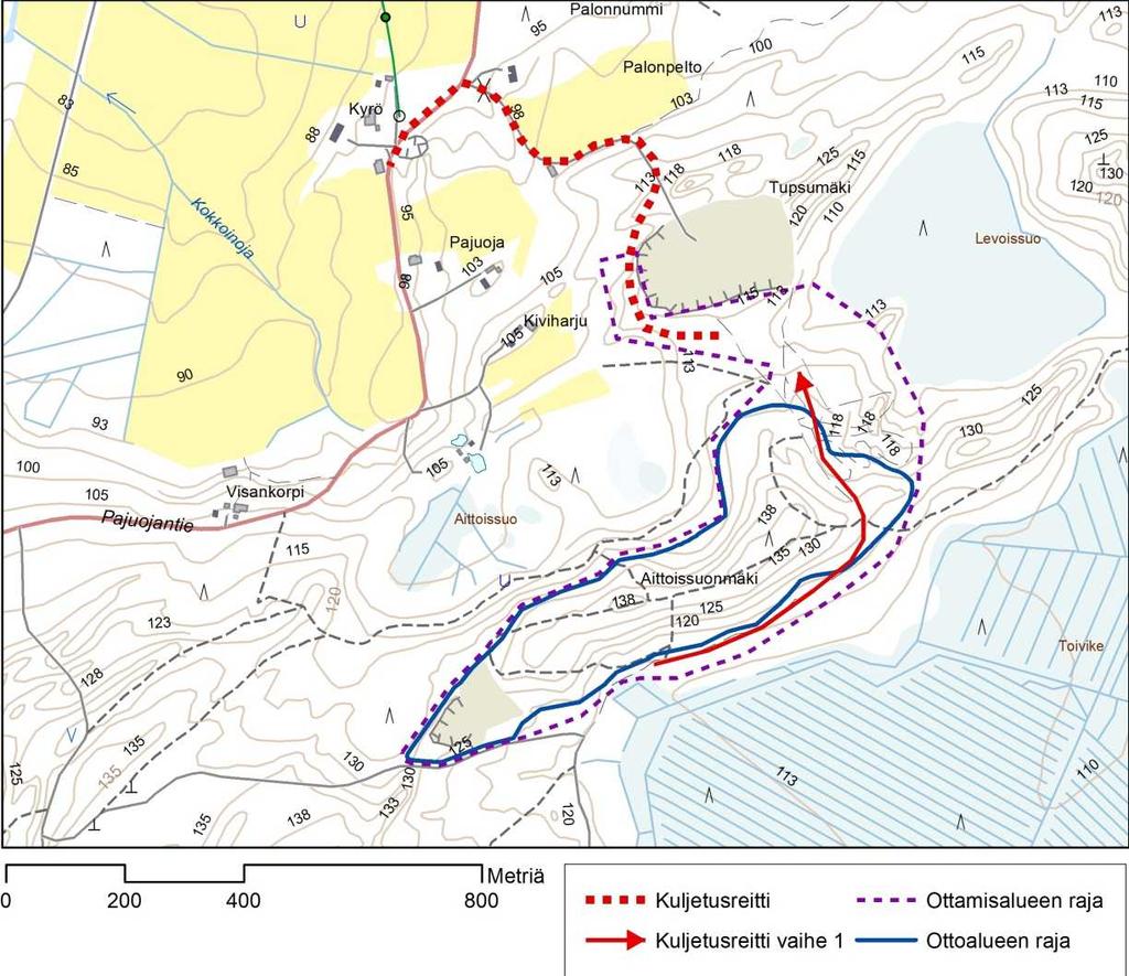 Kuva1. Suunniteltu kuljetusreitti. Pajuojantie yhtyy valtatiehen 2 noin 2,7 km etäisyydellä ottoalueesta. Pääosa kuljetuksista suuntautuvat pääkaupunkiseudun suuntaan valtatietä 2 pitkin.
