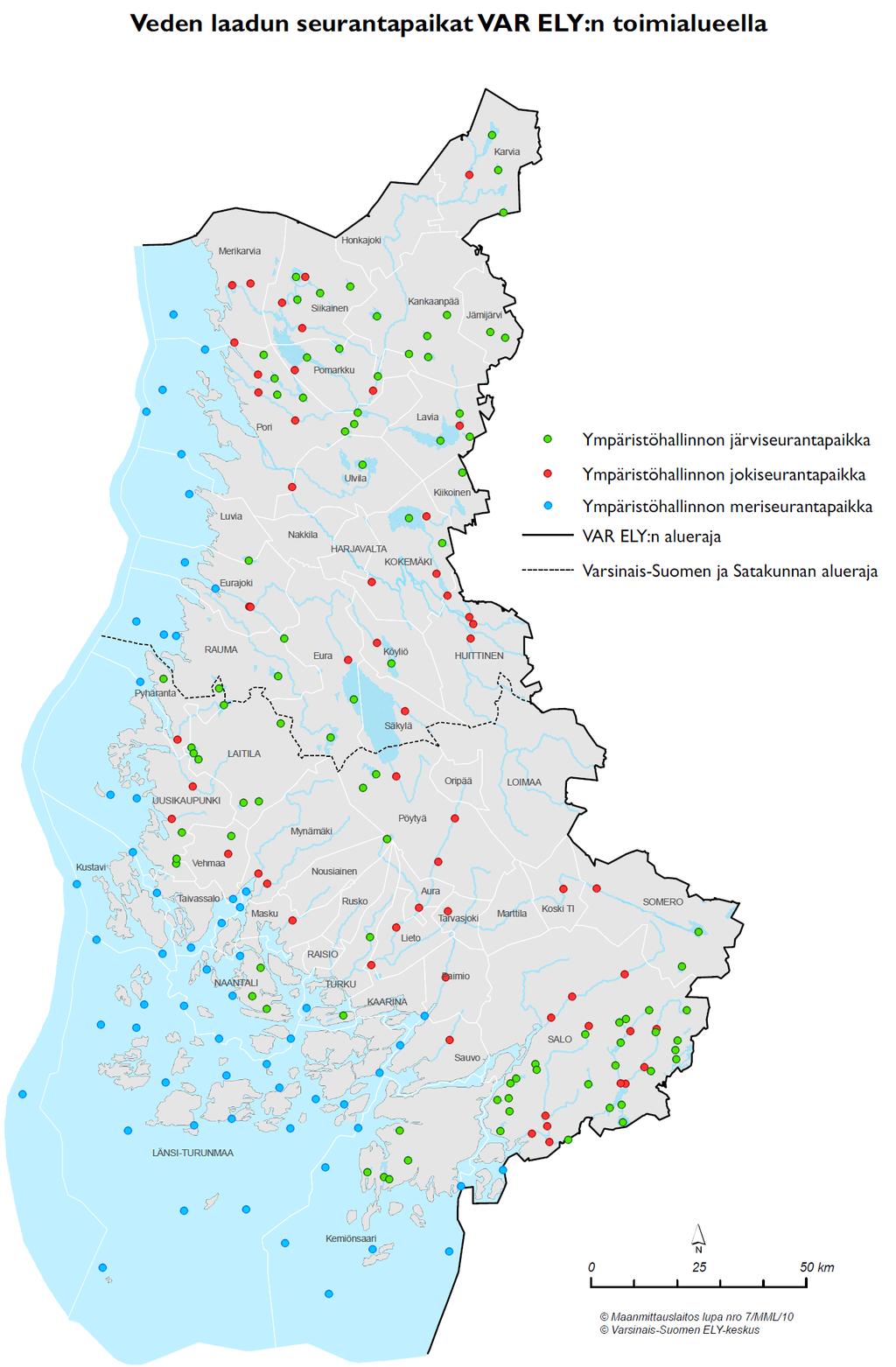 Rannikkovedet Saaristomeri: 45 kpl, joista 3 intensiiviasemaa Selkämeri: 13 kpl Sisävedet Järvet: n. 90 kpl Lounais-Suomessa Yli 100 ha järvien näytteenottokausi joka 3. vuosi pienemmät joka 6.