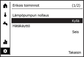 14.4.11 Lämpöpumpun nollaus (resetointi) Lämpöpumpun vikatila voidaan nollata asetuksista. Ennen vikatilan nollaamista pitää selvittää ja korjata vikatilan aiheuttaneet syyt. 14.4.11.1 Kaikki käyttöpäätteet aktiivisen häiriön aikana Valitse diagnoosivalikosta "Nollaa, resetoi" ja sen jälkeen "Vahvista".