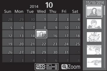 Kalenteritoisto Katsellaksesi valittuna päivänä otettuja kuvia (kalenteritoisto) paina W (Q) -painiketta, kun näytöllä näkyy 80 kuvaa.