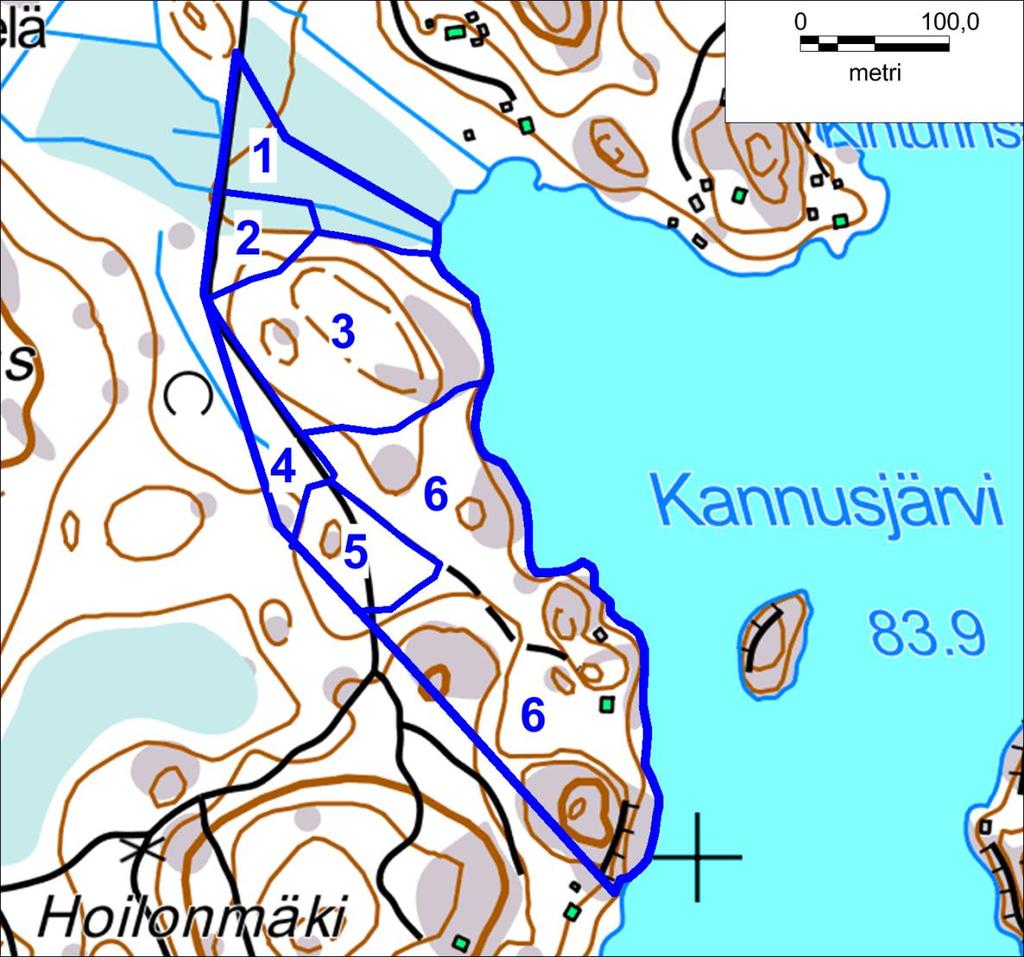 Heinola, Hirvisalo, Niemelä. Ranta-asemakaavan luontoselvitys. Kuva 2. Niemelän tilan luonnonolojen yleiskuvauksessa käytetty osa-aluejako (siniset viivat ja numerot 1 6).