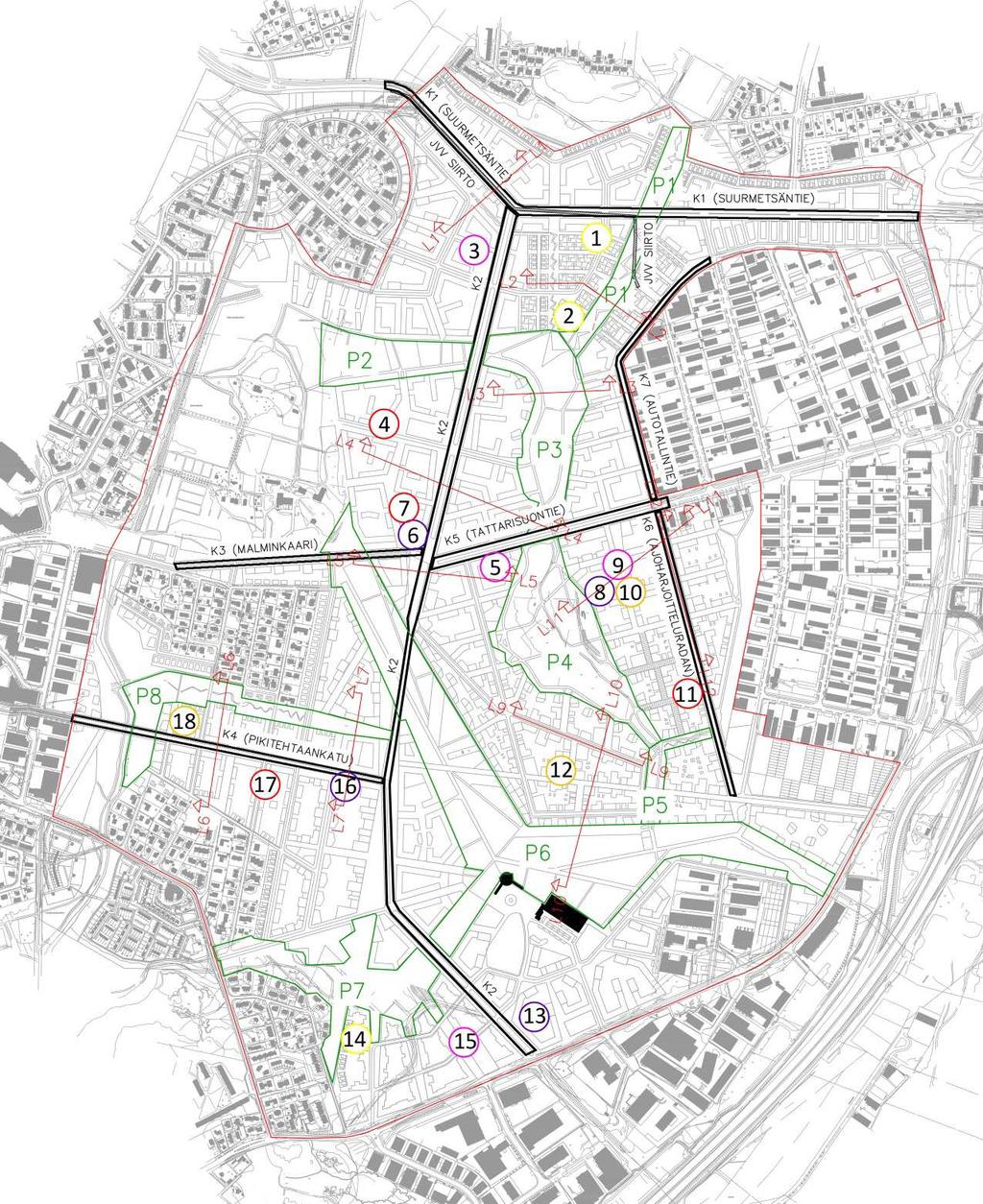 12 Kuva 2. Kortteleiden geoteknisten laskentapoikkileikkausten ja kustannustarkastelualueiden sijainti Malmin lentokenttäalueella.