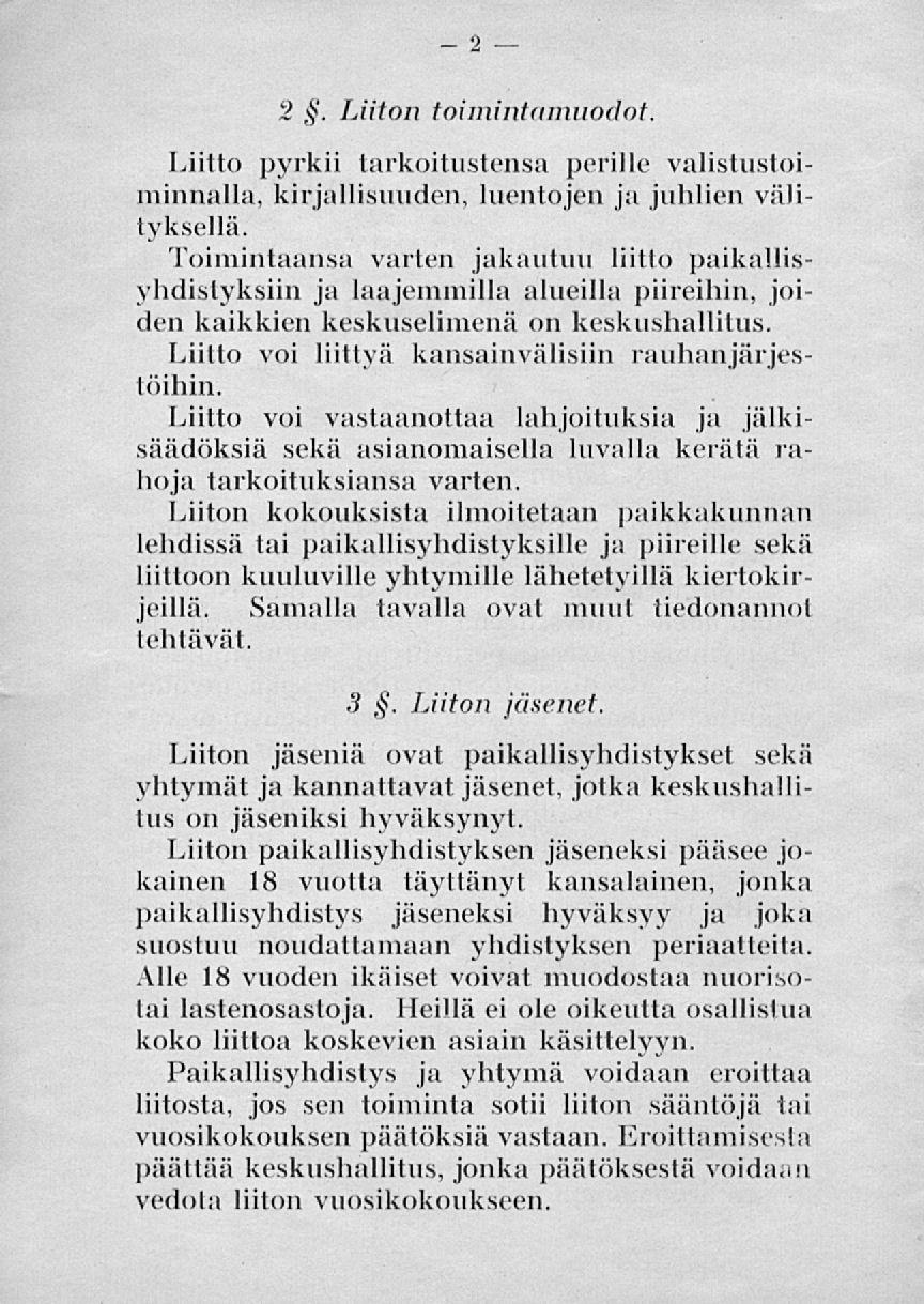 2. Liiton toimintamuodot Liitto pyrkii tarkoitustensa perille valistustoiminnalla, kirjallisuuden, luentojen ja juhlien välityksellä.