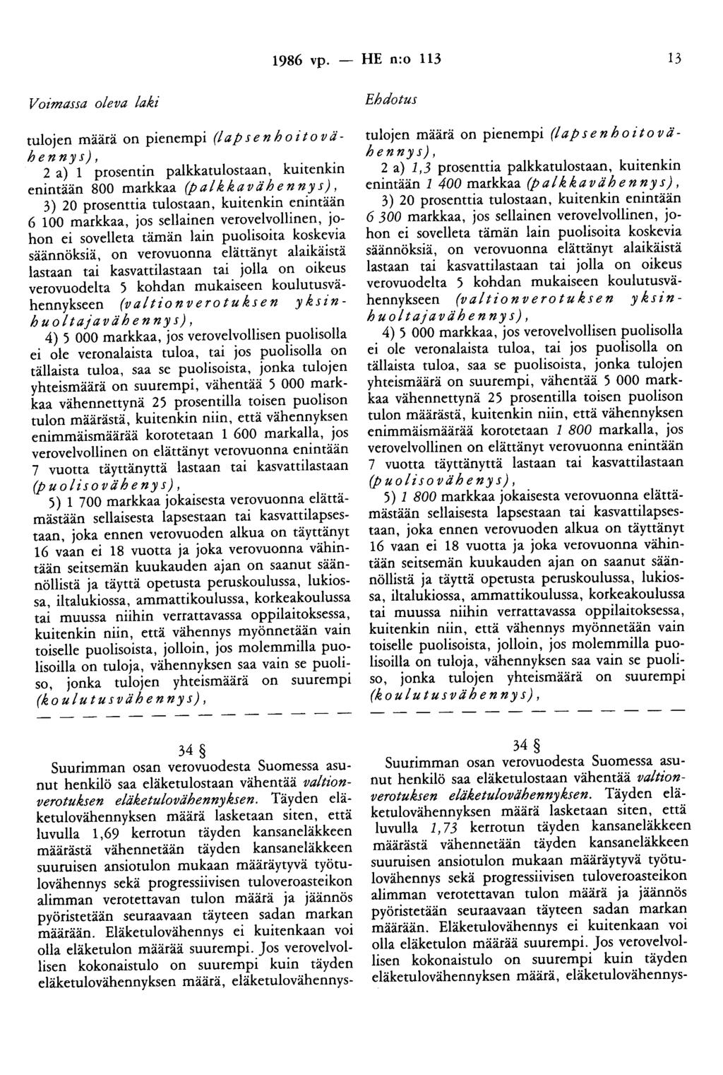 1986 vp. - HE n:o 113 13 Voimassa oleva laki tulojen määrä on pienempi (1 a p se n h o i t o v å.