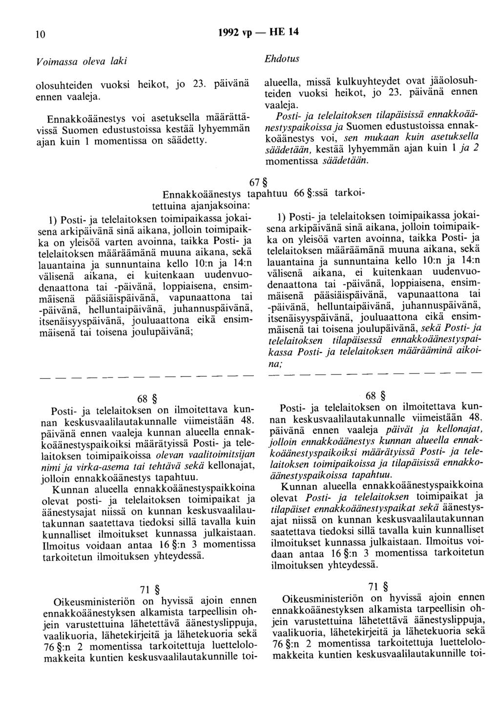 10 1992 vp - HE 14 Voimassa oleva laki Ehdotus olosuhteiden vuoksi heikot, jo 23. päivänä ennen vaaleja.