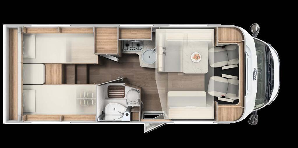 Kuvan esimerkkimalli T 448 Tilava takatalli 100 prosenttisesti pölypunkittomat patjat - Comfort Fit-päällisillä Integroitu jääkaappi lisähintaisella AEStoiminnolla Toimivat vaate- ja yläkaapistot