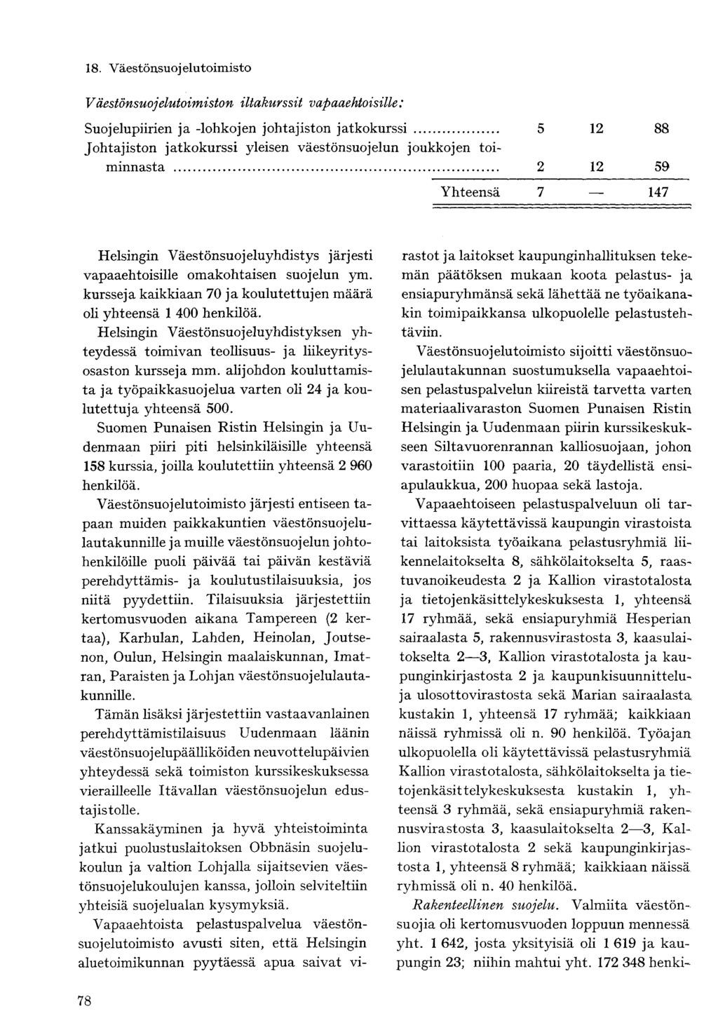 18. Vestönsuoj elutoimisto Vestönsuojelutoimiston iltakurssit vapaaehtoisille: Suojelupiirien ja -lohkojen johtajiston jatkokurssi 5 12 88 Johtajiston jatkokurssi yleisen vestönsuojelun joukkojen