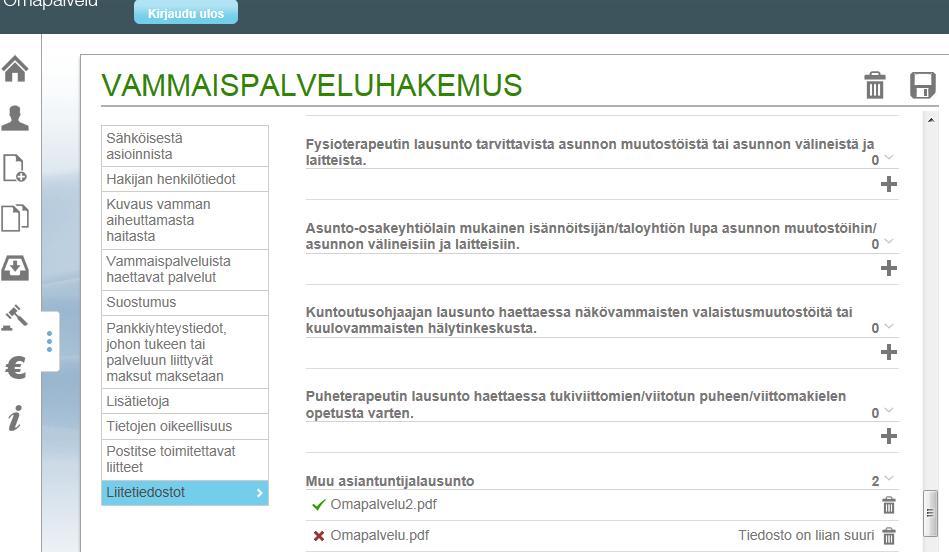 Liitteiden lähettäminen Liitteen lataamisen onnistumisesta saat heti palautteen: onnistuneesta lataamisesta ja epäonnistuneesta lataamisesta. Lataamisen epäonnistuttua (esim.