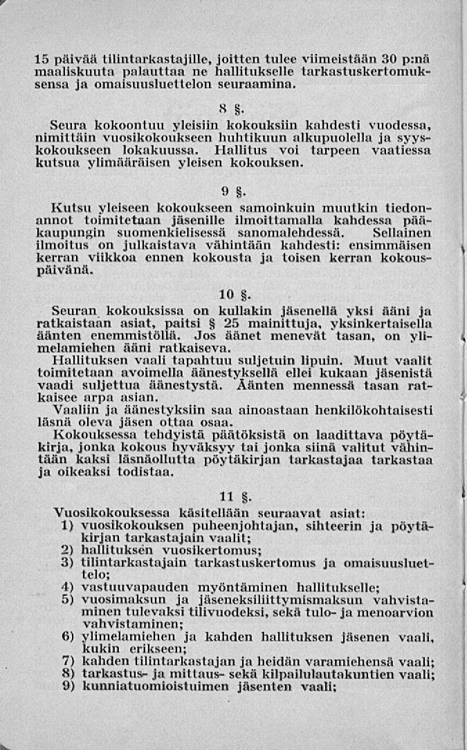 15 päivän tilintarkastajille, joittentulee viimeistään 30 p:nä maaliskuuta palauttaa ne hallitukselle tarkastuskertomuksensa ja omaisuusluettelon seuraamina. 8.