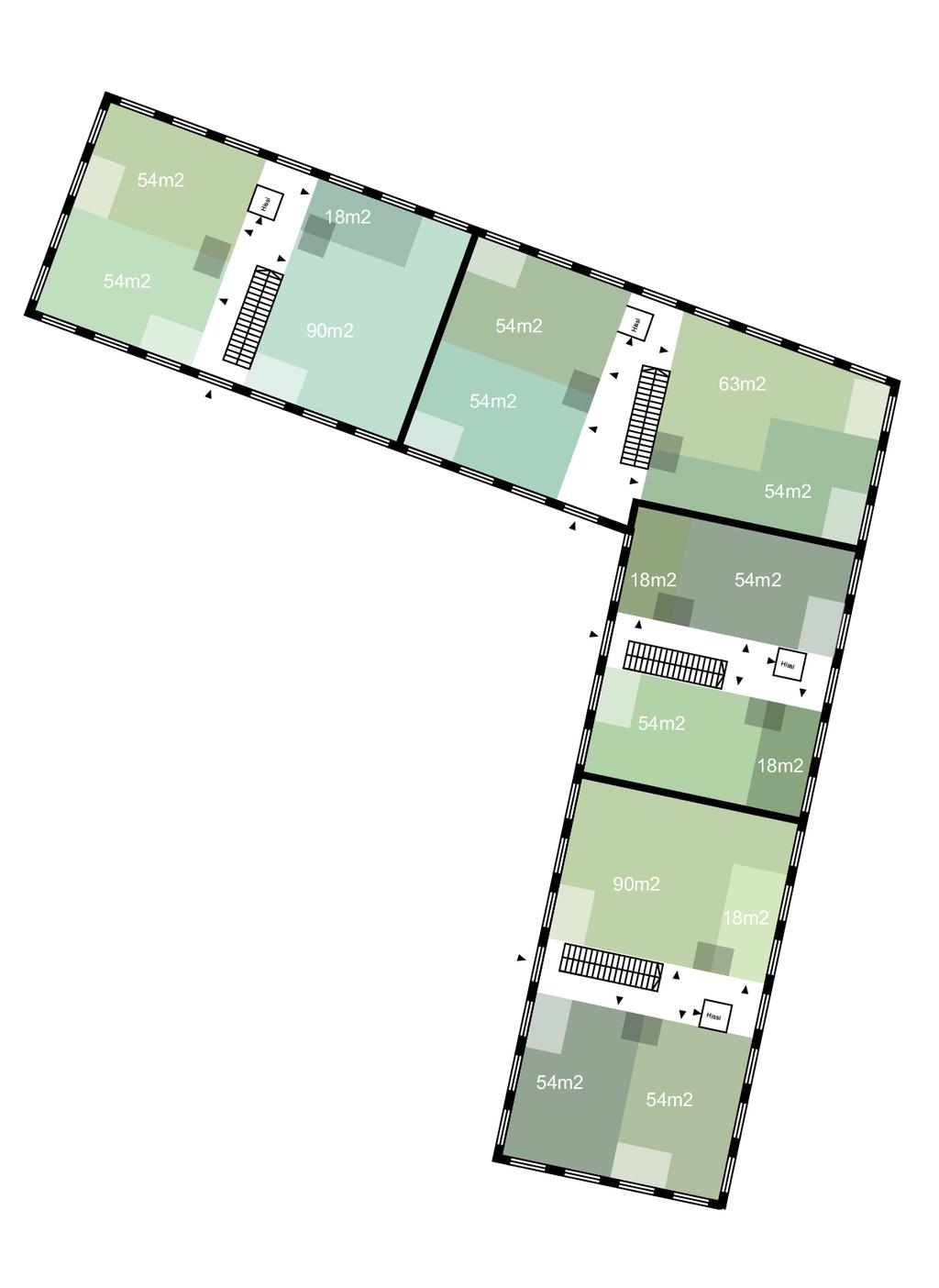 MASSAKUSTOMOINTI 1:500 Huonepohjien tetris-peli Pohjat on jaettu 3mx3m neliöihin ja rakennusten ainoat kiinteät elementit ovat porrashuoneet, mutta muuten asuntojen kokoa voi vaihdella
