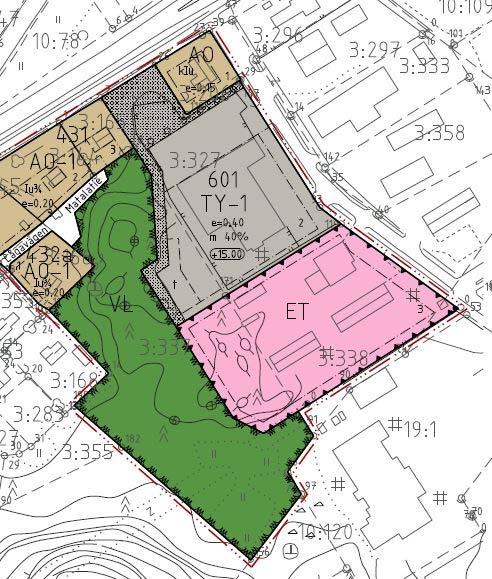 sekä yhdyskuntateknistä huoltoa palvelevien rakennusten ja laitosten korttelialueen (ET). Kortteli 601 rajautuu lähivirkistysalueeseen (VL). Kuva 6. Ote asemakaavasta.