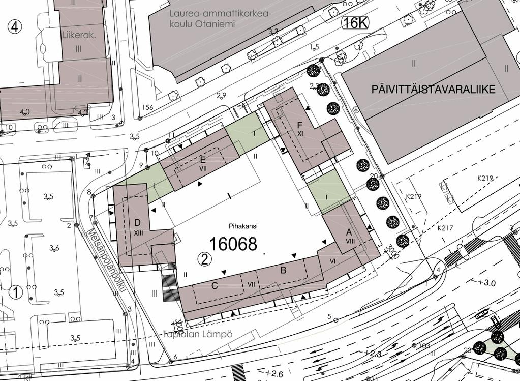 KALEVALANTE 5, ESPOO; MELUSELVTYS 6 Lisäksi työssä laskettiin rakennusten julkisivuun kohdistuva melutaso tarvittavien ääneneristävyysvaatimusten ja parvekkeiden toteuttamismahdollisuuksien