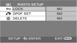 Videon toiston aikana Valokuvien toiston aikana [PLAY SETUP] [PLAY MODE] [RESUME PLAY] [LOCK SET] Toistoasetukset Toistotapa Jatka toistoa keskeytyskohdasta Lukitus [PHOTO SETUP] [LOCK] [DPOF SET]