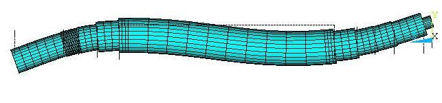 260,8 Hz) Kuva 2. Roottoriakselin toinen taivutusmuoto (Kiilauran suunta 567,3 Hz; 90 ast.