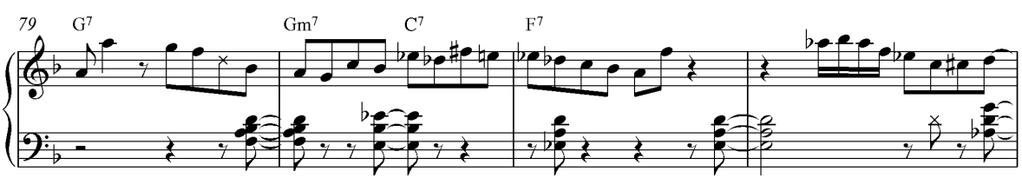 Tahdissa 48 melodia taas ilmentää C7alt-sointua tahdin alusta alkaen. Kuvio 17. G7-sointu on korvattu g-mollisointua tahdissa 47 ja Gm7 - C7-sointukulku C7altmelodialla.