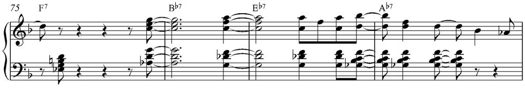 15 Samoin tahtien 73-74 C7alt-sointuhajotuksissa perussävel korvaa septimiä. Nämä soinnut kuulostavat tavallisia left hand voicingeja modernimmilta. 7.8 Kahden käden sointuhajotukset Soolon loppupuolella esiintyy upper structure -tyyppisiä kahden käden sointuhajotuksia, jotka myös kuuluvat jazzpianistien perussanavarastoon.