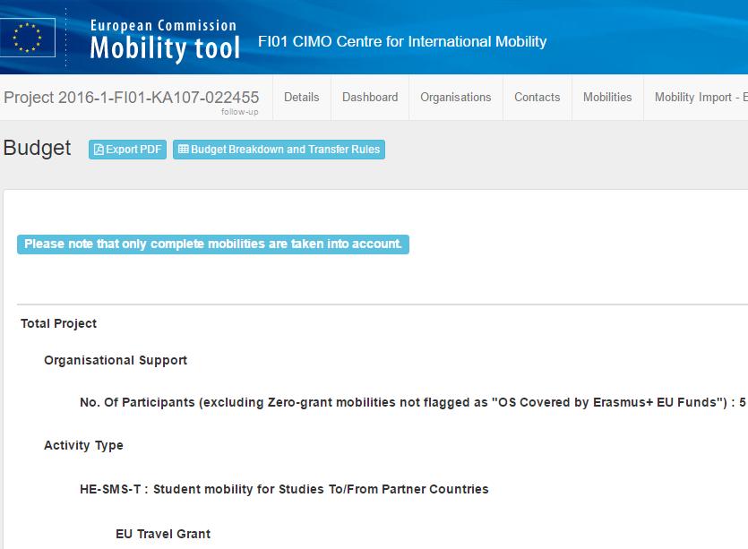 Uutta Mobility Tool+:ssa, Budget Transfer Budget välilehdellä ->