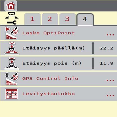 Käyttö AXIS ISOBUS 4 4.4 Lannoiteasetukset Tässä valikossa teet lannoitteen ja levityksen asetukset. Avaa valikko Päävalikko > Lannoiteasetukset. Kuva 4.