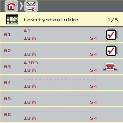 4 Käyttö AXIS ISOBUS 4.4.9 Levitystaulukko Tässä valikossa voit luoda ja hallinnoida levitystaulukoita.