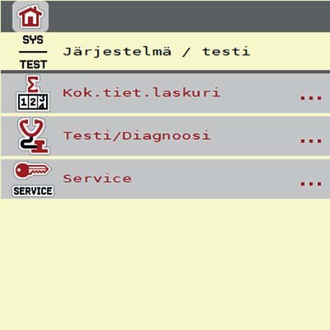 Käyttö AXIS ISOBUS 4 4.8 Järjestelmä/testi Tässä valikossa teet koneenohjaimen järjestelmä- ja testiasetukset. Avaa valikko Päävalikko > Järjestelmä/testi. Kuva 4.