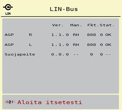 4 Käyttö AXIS ISOBUS Esimerkki LIN-Bus n HUOMIO Liikkuvien koneen osien aiheuttama loukkaantumisvaara. Koneen osat voivat liikkua automaattisesti testien aikana.
