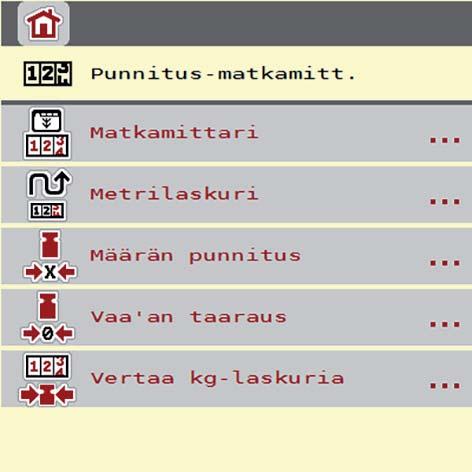 4 Käyttö AXIS ISOBUS 4.10 Punnitus-matkamitt. Tästä valikosta löydät arvot suoritettuun levitykseen ja toiminnot punnituskäytölle. Avaa valikko Päävalikko > Punnitus-matkamitt.