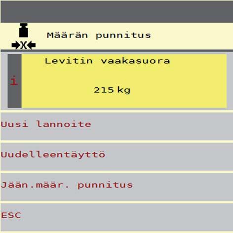 4 Käyttö AXIS ISOBUS 4.10.3 Määrän punnitus (vain punnituslevitin) Tässä valikossa punnitset säiliön täyttömäärän ja määrität parametrit virtaustekijän säätöön (ks.