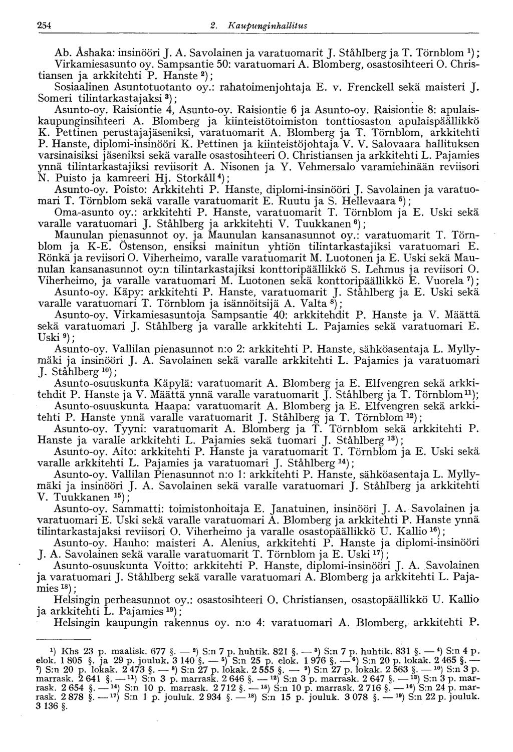 254 2. Kaupunginhallitus Ab. Áshaka: insinööri J. A. Savolainen ja varatuomarit J. Ståhlberg ja T. Törnblom x ); Virkamiesasunto oy. Sampsantie 50: varatuomari A. Blomberg, osastosihteeri O.