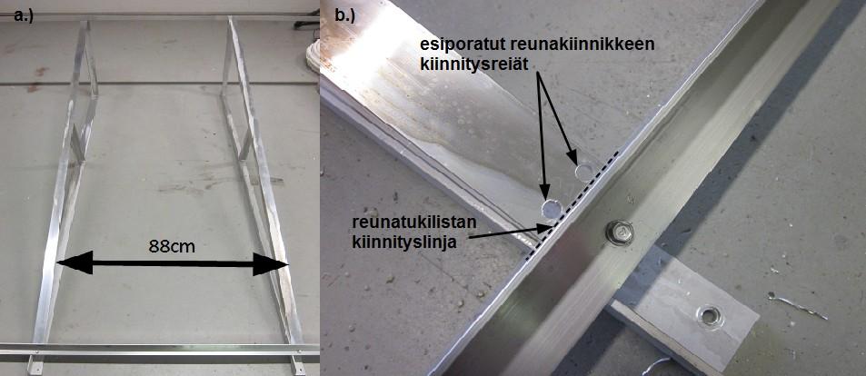 ) ja yläpäähän esiporattujen reikien yläpuolelle. Reunatukilistat kiinnitetään 4,8x16 poraruuveilla.