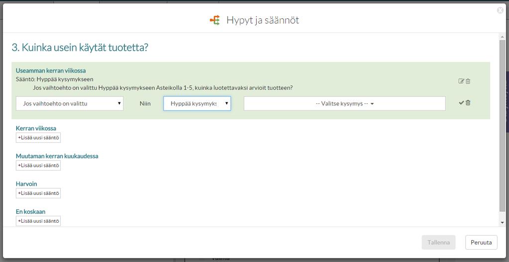 Kuva 15 Jos haluat raahata kysymyksen johonkin muuhun sijaintiin, ota kiinni oikean laidan vihreästä nuolesta ja raahaa kysymystä. Kun päästät hiiren napista irti, tippuu kysymys uuteen sijaintiin.