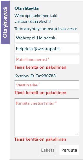 Kuva 7 Kun olet työskentelemässä kyselyn parissa, yhteydenottolomake hakee automaattisesti lomakkeelle tiedoksi yhteystietosi, sekä kyselyn ID-numeron, joka voi olla tärkeä ongelmatilannetta