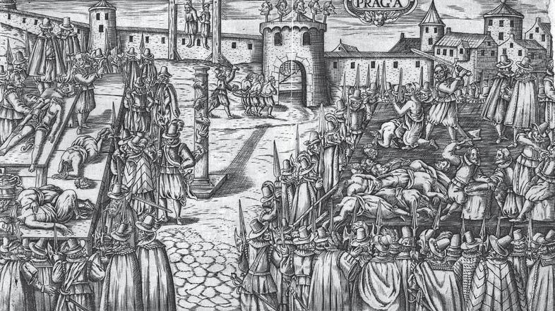 Rikollisten kuolema Kuva 1. Kapinallisia teloitetaan erilaisin menetelmin Prahassa 21.6.1621 Trustees of the British Museum. rangaistuksen muotona 11.