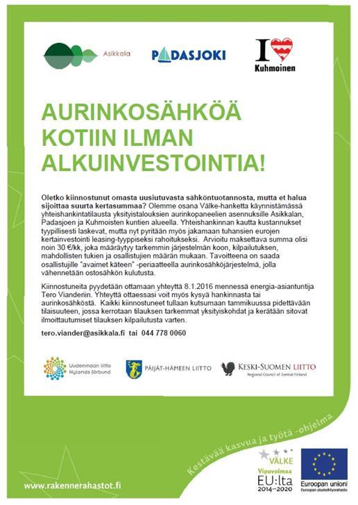 2.2 Kotitalouksille suunnattu aurinkosähköjärjestelmien yhteishankinta Lounais-Päijänteen alueella Välke-hankkeessa on toteutettu yhteensä kolme aurinkosähköjärjestelmien yhteishankintaa: 34