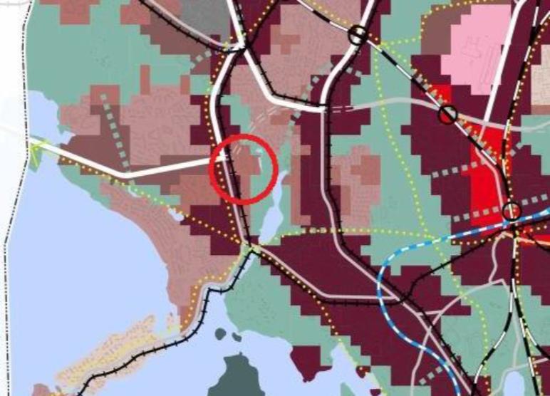 4 asuntovaltaista A2-aluetta. Huopalahdentien kohdalle on merkitty sijainniltaan ohjeellisina joukkoliikenteen nopea runkoyhteys ja pyöräliikenteen nopea runkoverkko.
