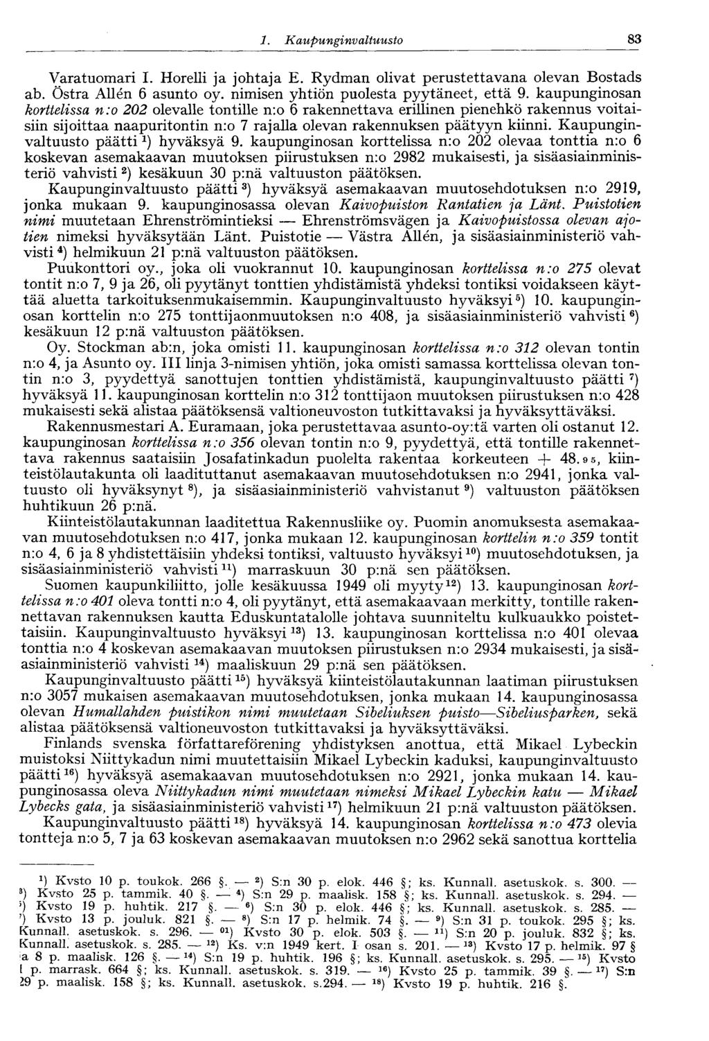 83 1. Kaupunginvaltuusto Varatuomari I. Horelli ja johtaja E. Rydman olivat perustettavana olevan Bostads ab. Östra Allén 6 asunto oy. nimisen yhtiön puolesta pyytäneet, että 9.