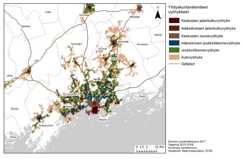 Yhdyskuntarakenteen vyöhykkeet Yhdyskuntarakenteen vyöhykkeet on SYKEn paikkatietopohjainen luokitus, joka jakaa kaupunkiseutujen taajamat jalankulku-, joukkoliikenne- ja autovyöhykkeisiin (kuva 5).