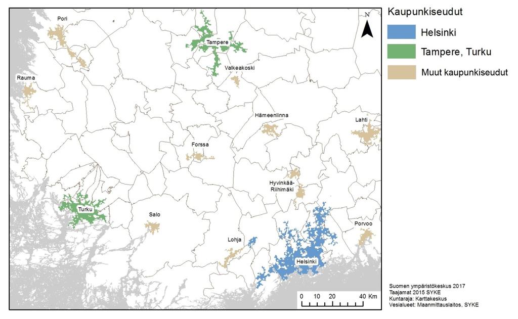 Kaupunkiseutu Kaupunkiseudut määritellään SYKEssä kaupunkiseuturajausmenetelmällä, jossa tunnistetaan yli 15 000 asukkaan keskustaajamat sekä näihin fyysisesti ja toiminnallisesti kytkeytyvät