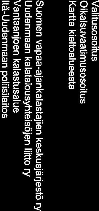 Oikaisuvaatimusosoitus Suomen vapaa-ajankalastajien keskusjärjestö ry Uudenmaan kalatalousyhteisäjen (Ulla ry Vantaanjoen kalastusalue Itä-Uudenmaan polhsilaitos TIEDOKSI Kartta kieltoalueesta