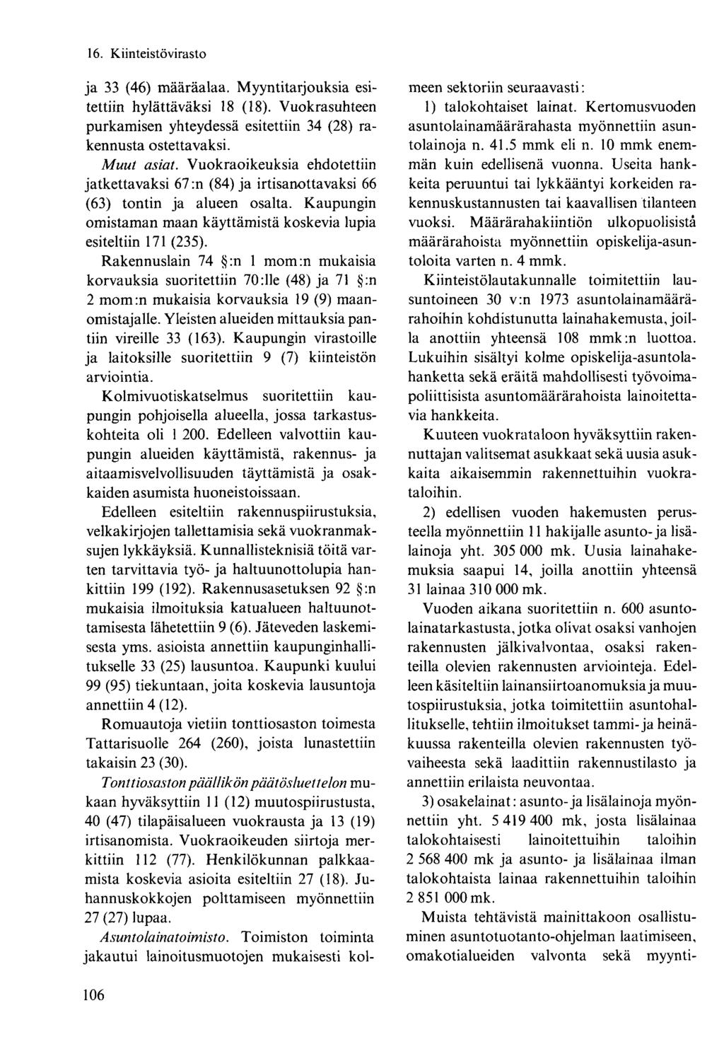 ja 33 (46) määräalaa. Myyntitarjouksia esitettiin hylättäväksi 18 (18). Vuokrasuhteen purkamisen yhteydessä esitettiin 34 (28) rakennusta ostettavaksi. Muut asiat.