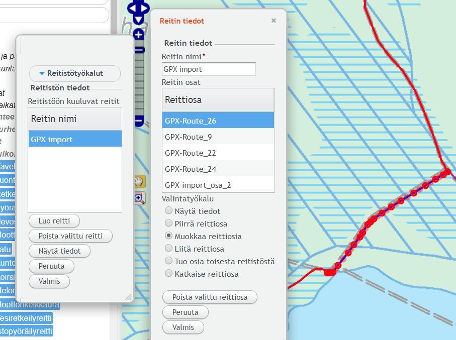 avautuu, ja voit nyt muokata /valita/ katkaista / poistaa reittiä reittiosa kerrallaan. Työkalussa on toiminnot myös uuden reittiosan piirtämiseen.